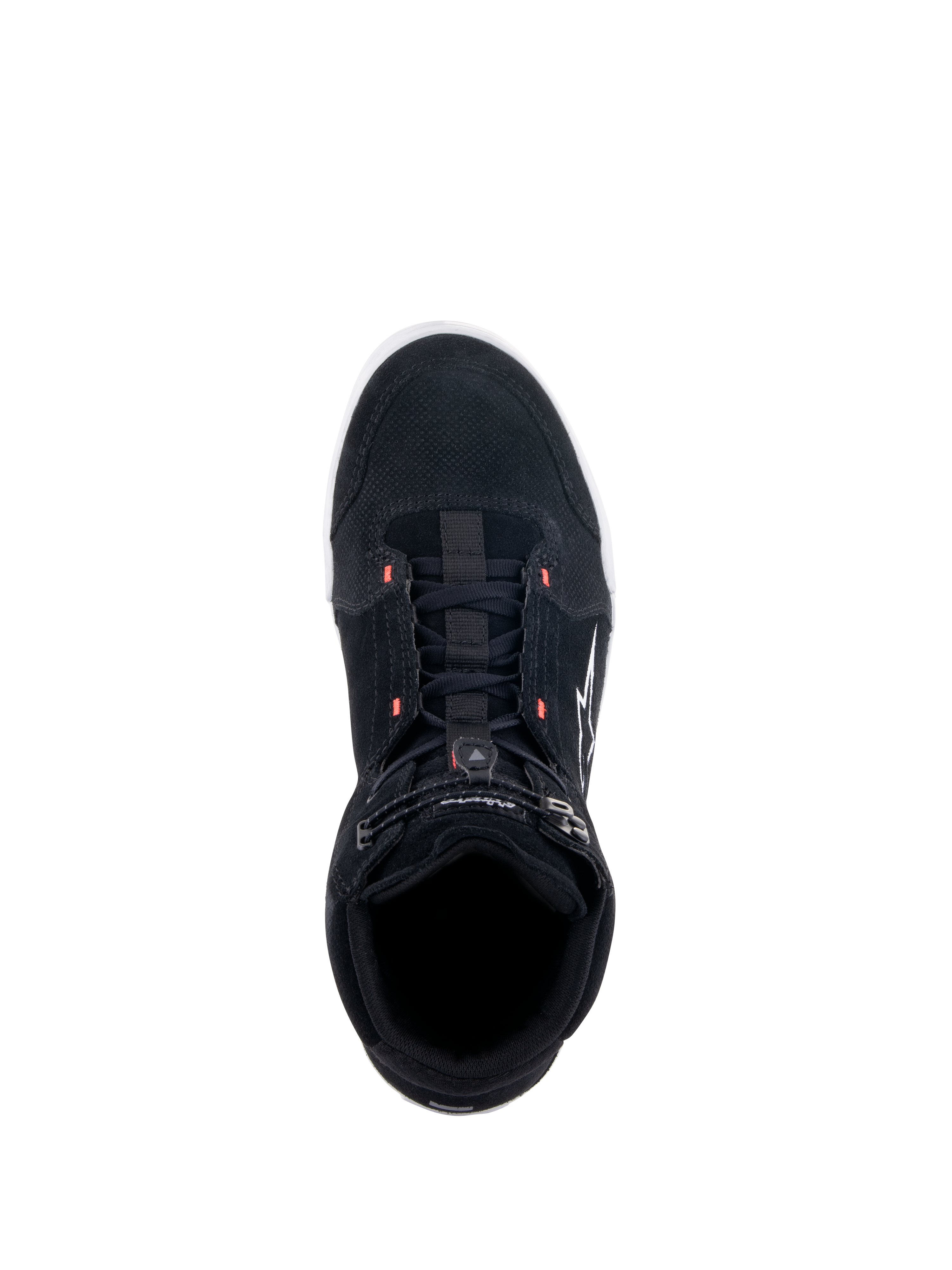 Alpinestars Chrome Schuhe, schwarze Motorradschuhe, Draufsicht mit Obermaterial aus Spaltwildleder und neonroten Akzenten, lässiger urbaner Stil mit elastischem Verschluss oben und weißem Logo an der Seite.