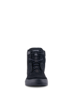 Alpinestars Chrome Riding Shoes, Urban Motorcycle Footwear, Black on Black, front view showing high-top silhouette, split suede material with elasticated top closure and black laces, casual streetwear design