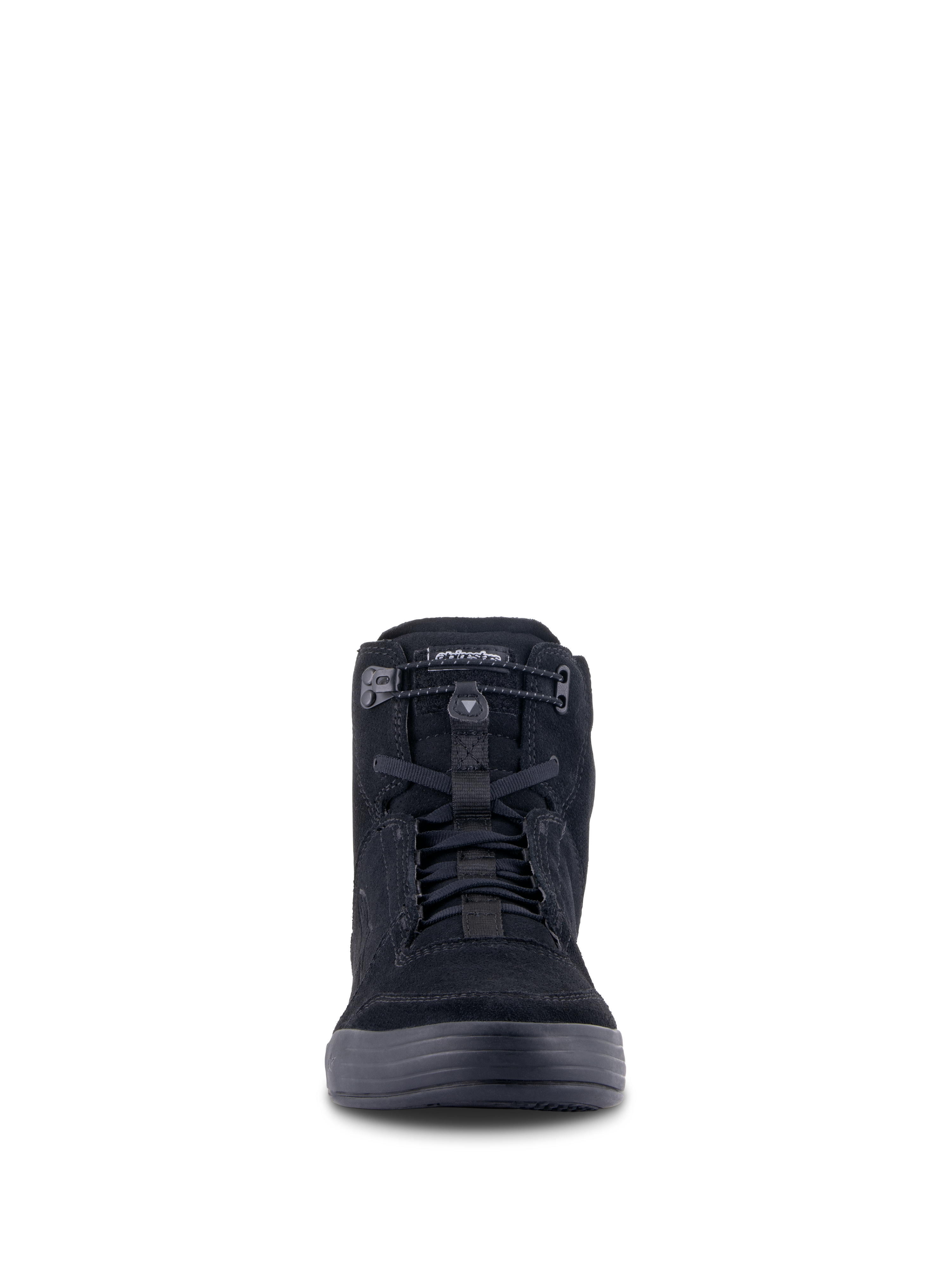 Alpinestars Chrome Riding Shoes, Urban Motorcycle Footwear, Black on Black, front view showing high-top silhouette, split suede material with elasticated top closure and black laces, casual streetwear design