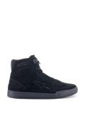 Alpinestars Chrome Shoes, Urban Motorcycle Riding Shoes, Black/Black, high-top sneaker silhouette in split suede, featuring side star logo and 'Since 1963' ankle text, casual streetwear design with flat rubber sole