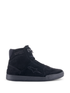 Alpinestars Chrome Shoes, Urban Motorcycle Riding Shoes, Black/Black, high-top sneaker silhouette in split suede, featuring side star logo and 'Since 1963' ankle text, casual streetwear design with flat rubber sole