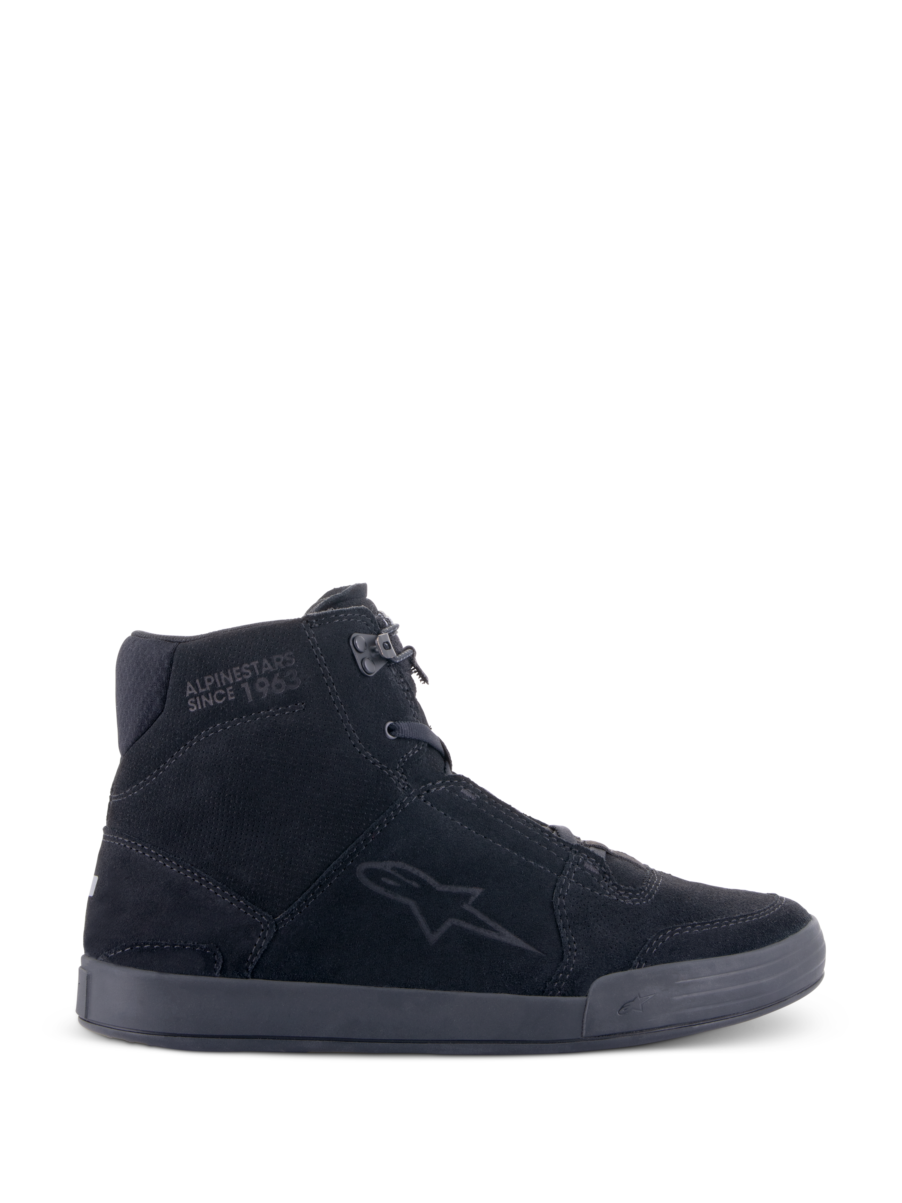 Alpinestars Chrome Shoes, Urban Motorcycle Riding Shoes, Black/Black, high-top sneaker silhouette in split suede, featuring side star logo and 'Since 1963' ankle text, casual streetwear design with flat rubber sole