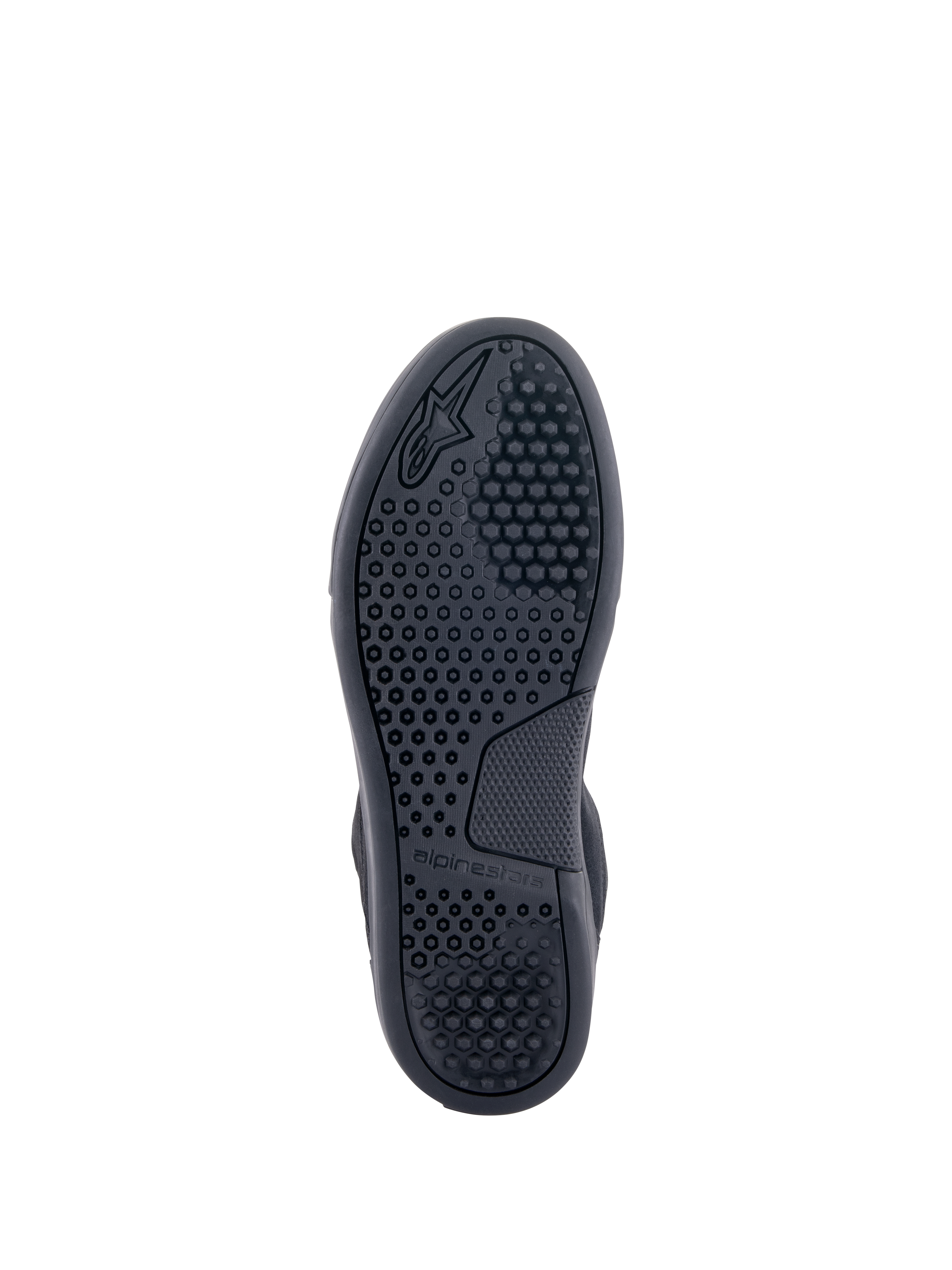 Alpinestars Chrome Shoes, Sole View, Black, featuring advanced rubber compound cup sole with hexagonal grip pattern and Alpinestars branding, urban motorcycle riding shoes