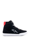 Alpinestars Chrome Riding Shoes in Black White Bright Red, urban casual high-top motorcycle shoe featuring a black split suede upper, white Astars logo on the side, white sole, and bright red heel collar accent.