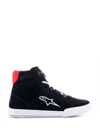 Alpinestars Chrome Riding Shoes in Black White Bright Red, urban casual high-top motorcycle shoe featuring a black split suede upper, white Astars logo on the side, white sole, and bright red heel collar accent.