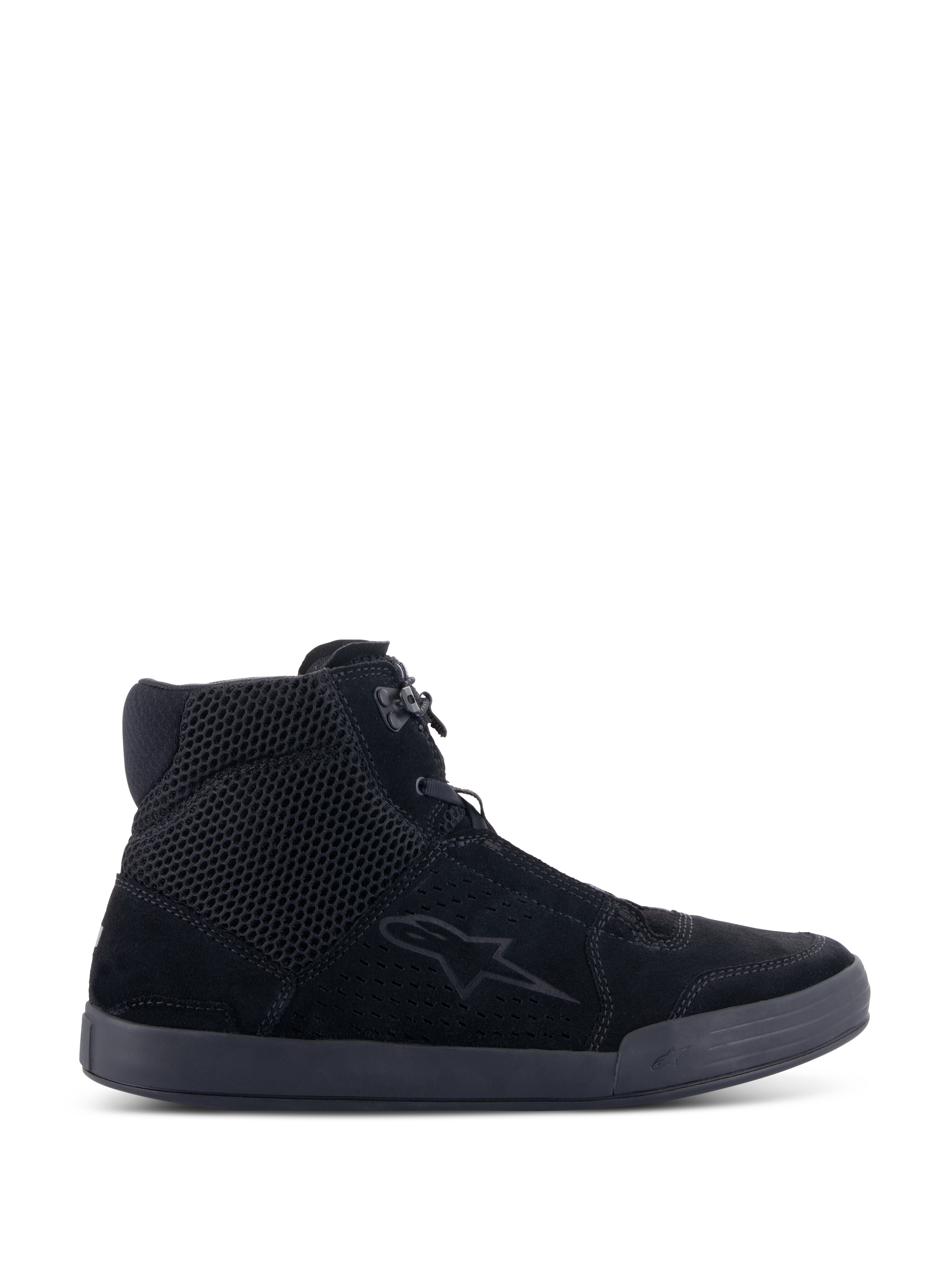 Alpinestars Chrome Air Shoe, Urban Motorcycle Riding Shoe, Black Black, side profile view, featuring a split suede and mesh upper, casual sneaker silhouette with integrated ankle protection for road riding.