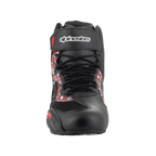 Alpinestars FQ20 Faster-3 Rideknit® Schuhe, Motorradschuhe, Schwarz und leuchtendes Rot, Vorderansicht mit Schnürverschluss und Klettverschluss-Knöchelriemen mit Alpinestars-Branding, Grafikdruck an den Seiten, schlankes, vom Rennsport inspiriertes Profil