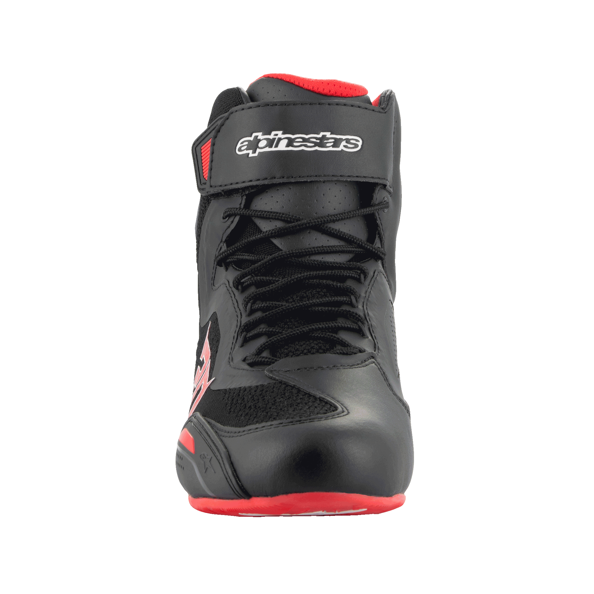 Alpinestars FQ20 Faster-3 Rideknit® Schuhe, Motorradschuhe, Schwarz und leuchtendes Rot, Vorderansicht mit Schnürverschluss und Klettverschluss oben mit Alpinestars-Branding, technische Mikrofaser und atmungsaktive Strickkonstruktion.