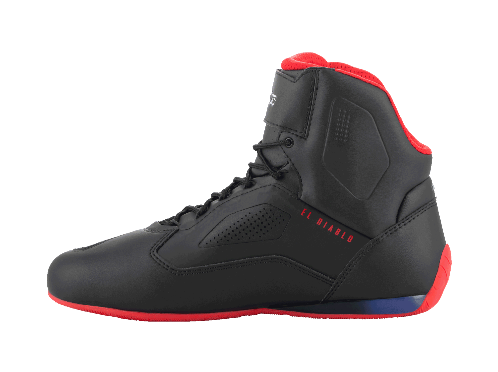 Alpinestars FQ20 Faster-3 Rideknit® Schuhe, Motorradschuhe, Schwarz, Hellrot und Blau, Seitenprofilansicht mit rotem „EL DIABLO“-Schriftzug, rote Sohle und Kragenfutter, atmungsaktive Mesh- und Mikrofaser-Konstruktion mit perforierten Seitenteilen