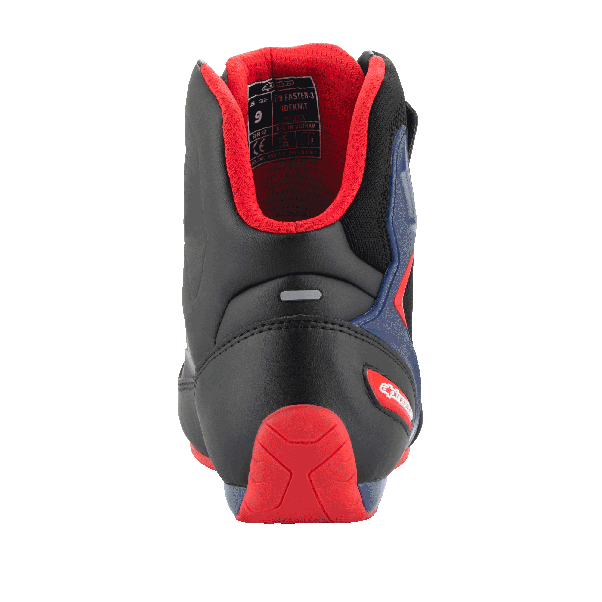 Alpinestars FQ20 Faster-3 Rideknit® Schuhe, Motorradschuhe, Schwarz, Leuchtend Rot und Blau, Rückansicht mit rotem TPR-Fersenschutz, gepolstertem rotem Mesh-Futter und Reflektorstreifen, sportliches Design für die Straße.