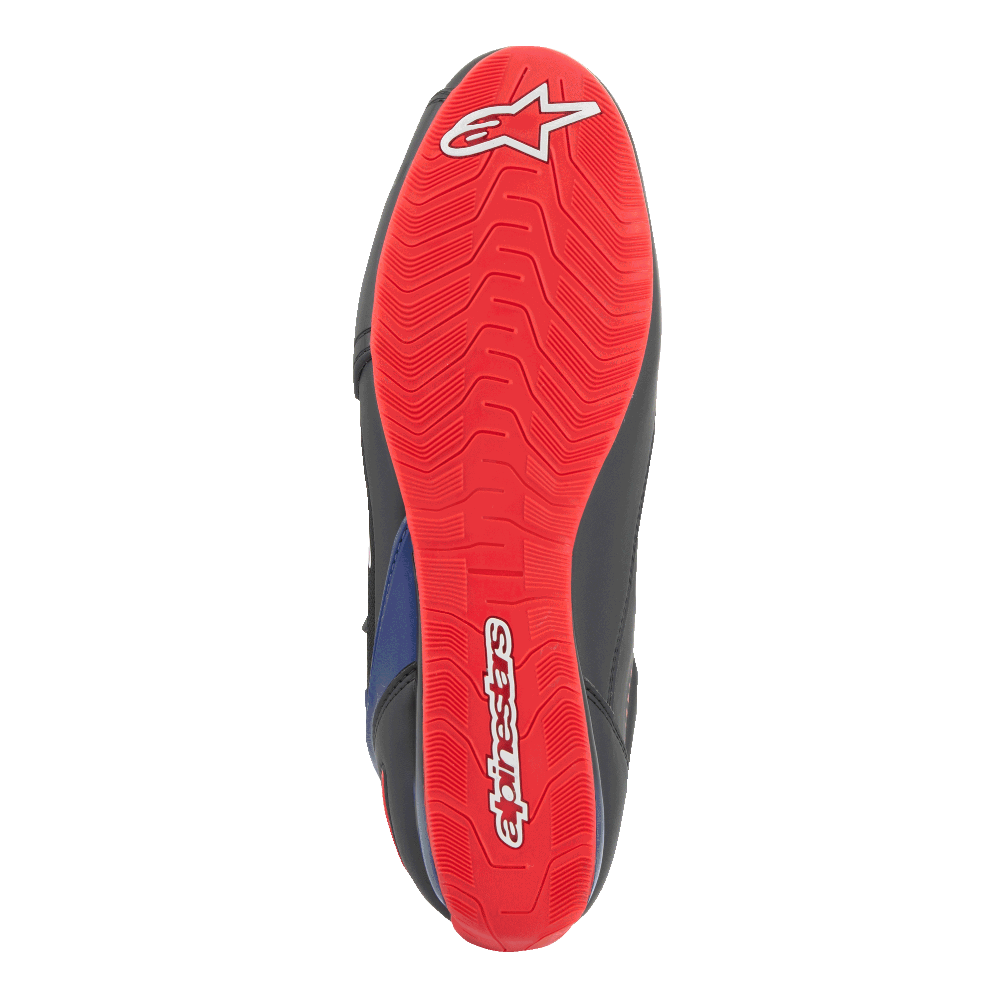 Alpinestars FQ20 Faster-3 Rideknit® Schuhe, Sohlenansicht von unten, leuchtendes Rot mit weißem Alpinestars-Logo und Schriftzug, strukturiertes Profilmuster für das Motorradfahren