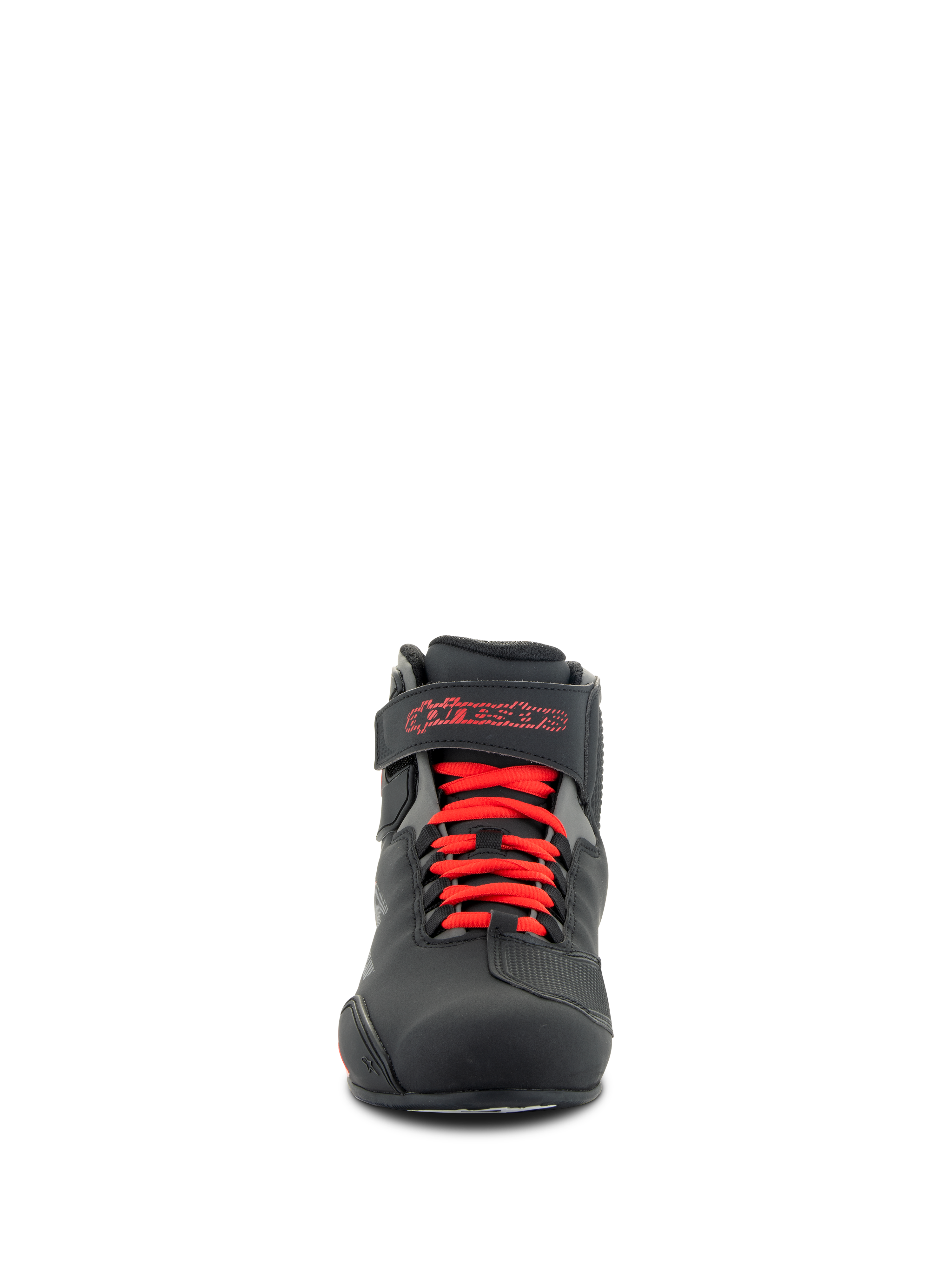 Alpinestars Sektor Schuhe, Motorradschuhe, Schwarz und Leuchtendes Rot, Vorderansicht mit roten Schnürsenkeln und Knöchelriemen mit rotem Alpinestars-Logo, strapazierfähige Mikrofaser-Konstruktion mit einem schlanken sportlichen Profil