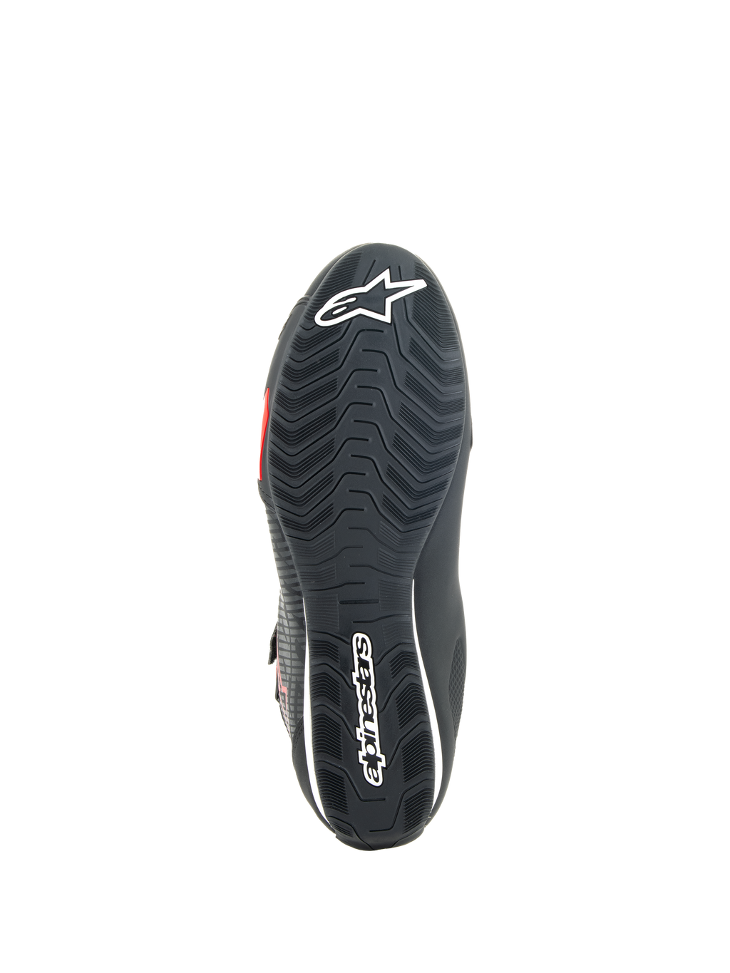 Alpinestars Sektor Schuhe, Motorradschuhe, Schwarz und Hellrot, Unteransicht der strukturierten Gummisohle mit weißem Alpinestars-Branding und integriertem Verstärkungsschaft für Grip und Stabilität.