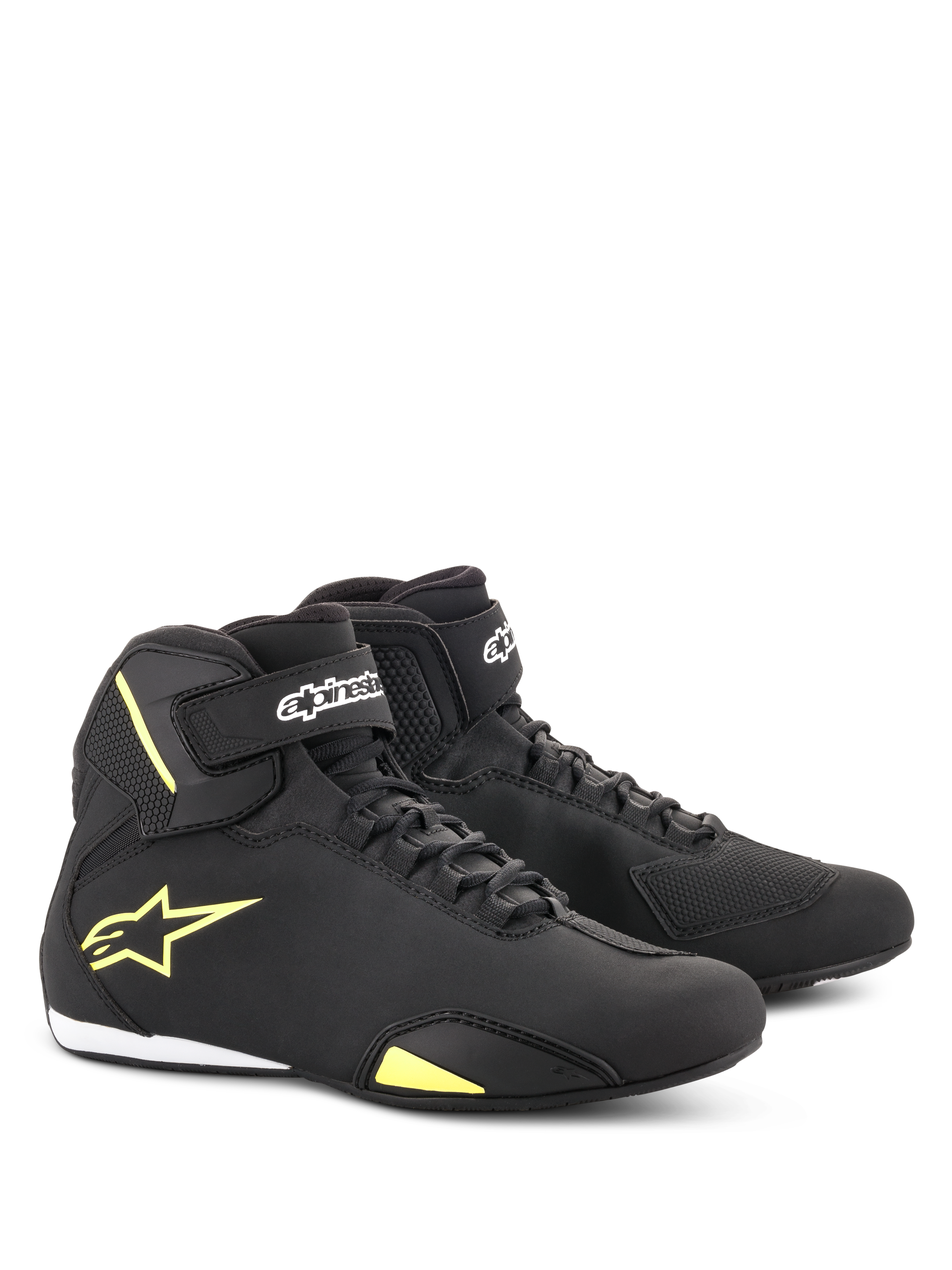 Alpinestars Sektor Shoes, Motorcycle Riding Shoes, Black and Yellow Fluorescent, mid-cut design featuring speed lacing and velcro ankle straps, yellow Alpinestars logo on the side, lightweight microfiber construction with sleek finish