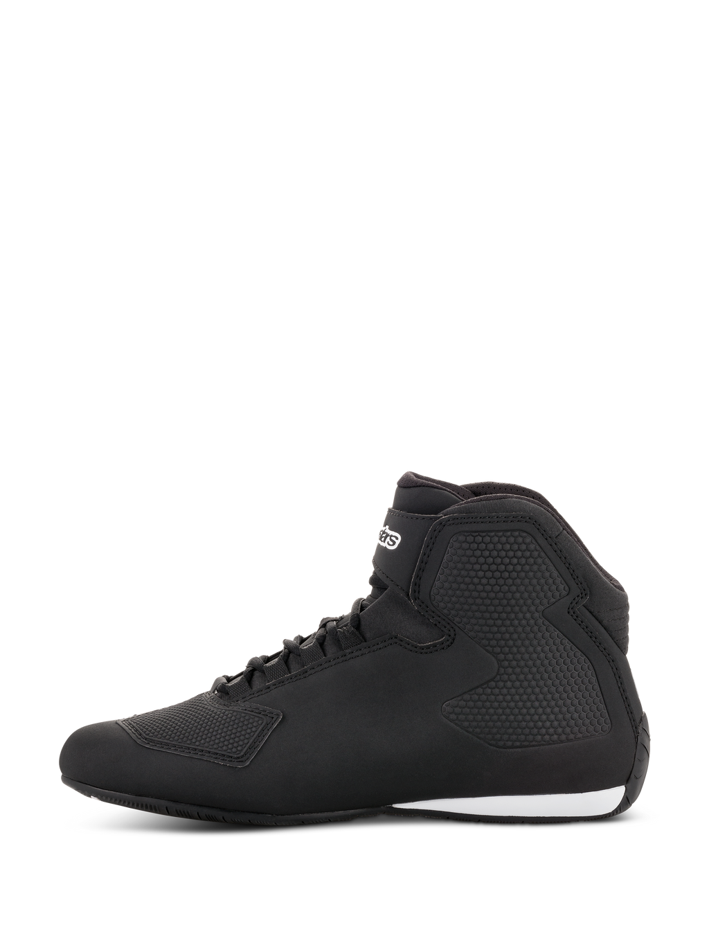 Alpinestars Sektor Shoes, Motorcycle Riding Shoes, Black and Dark Grey, side profile view, featuring lightweight microfiber construction, speed lacing system with ankle strap, and textured protective panels.