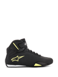 Alpinestars Sektor Shoes, Motorcycle Riding Shoes, Black and Yellow Fluorescent, side view showing yellow star logo, ankle strap with branding, and white heel accent on a sleek microfiber upper.