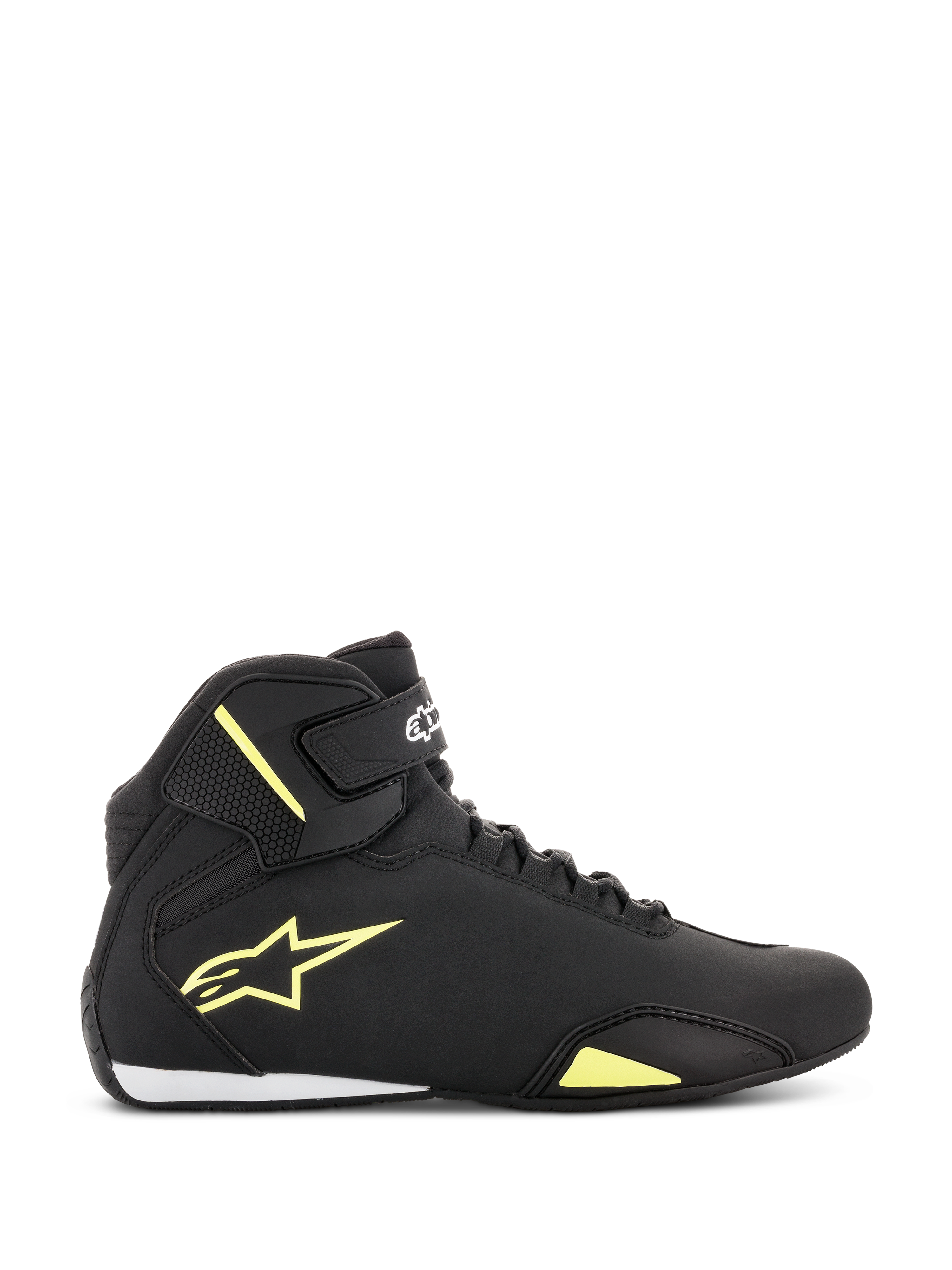 Alpinestars Sektor Shoes, Motorcycle Riding Shoes, Black and Yellow Fluorescent, side view showing yellow star logo, ankle strap with branding, and white heel accent on a sleek microfiber upper.