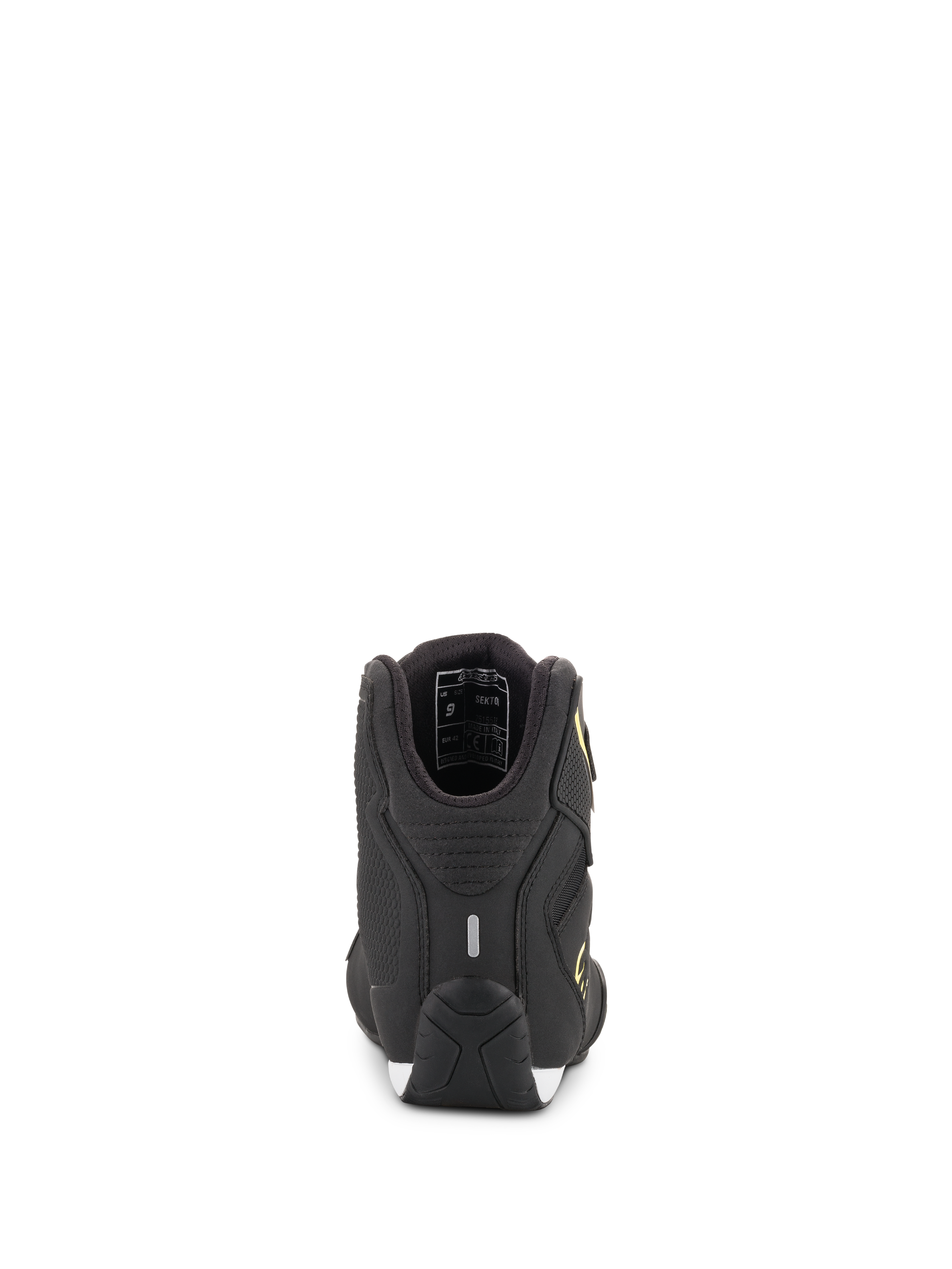 Alpinestars Sektor Shoes, Motorcycle Riding Shoes, Black and Yellow Fluo, rear view showing the heel with reflective strip and inner lining details, textured performance sole