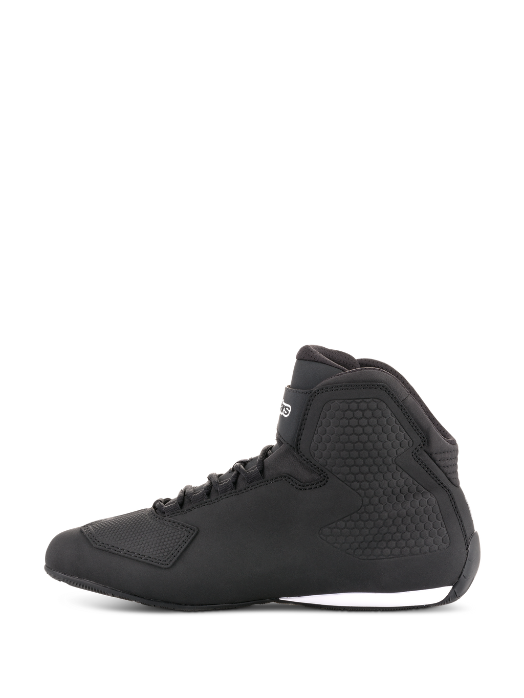 Alpinestars Sektor Schuhe, Motorradschuhe, Schwarz, Seitenprofilansicht, High-Top-Design mit Schnürsenkeln, Mikrofaser-Obermaterial, strukturierter Knöchelschutz, schlanker, vom Rennsport inspirierter Look mit weißem Sohlenakzent