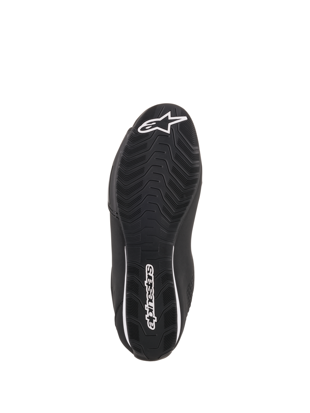 Alpinestars Sektor Schuhe, schwarze Motorradschuhe, Sohlenansicht mit strukturierter Gummisohle, weißes Alpinestars Stern-Logo auf der Zehenpartie und Branding an der Ferse, entwickelt für Grip und Strapazierfähigkeit