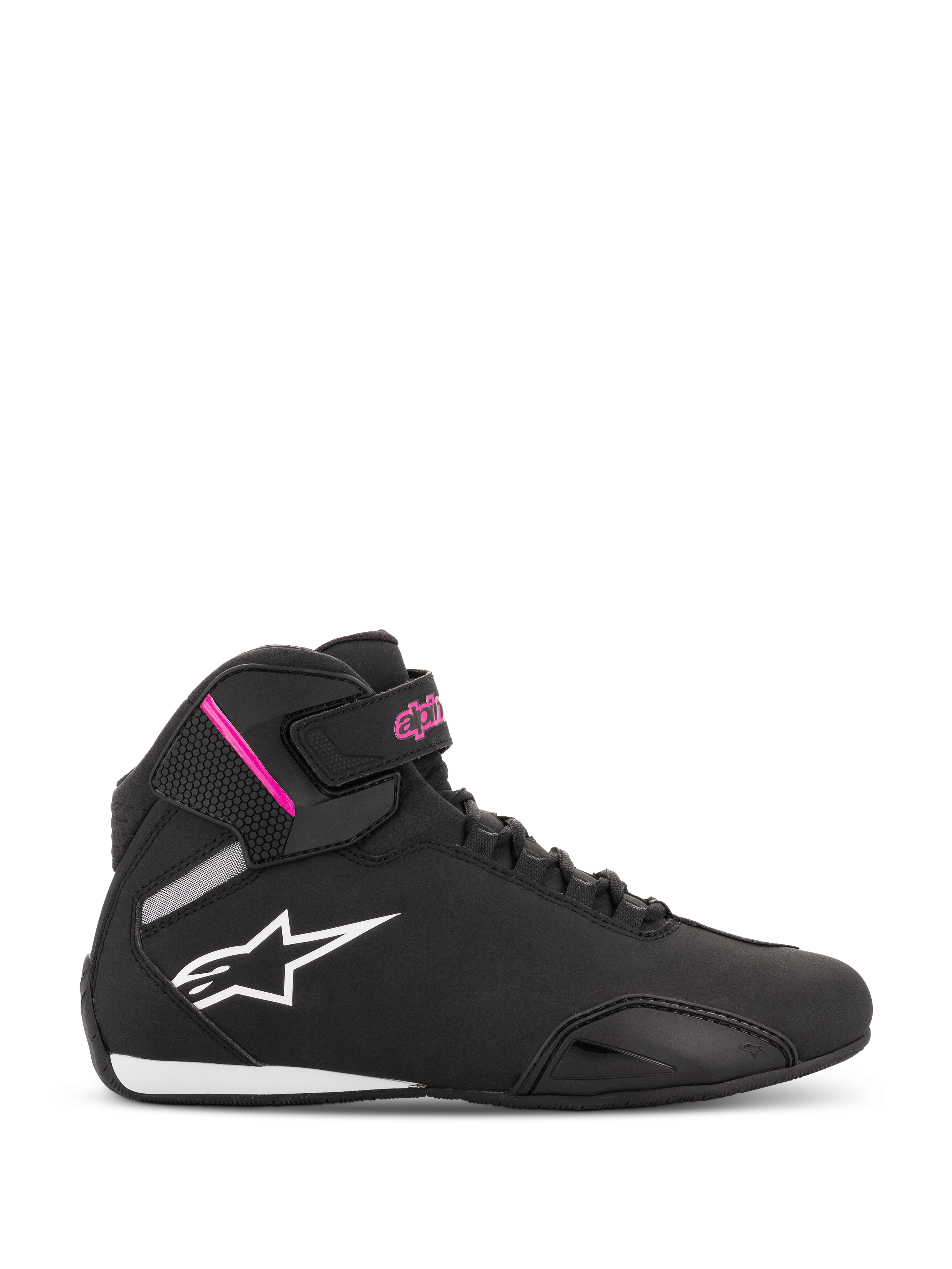 Alpinestars Women Stella Sektor Shoes, Black and Fuchsia high-top motorcycle riding shoes, white star logo, pink accents on ankle strap, black laces, white and black sole, lightweight microfiber construction