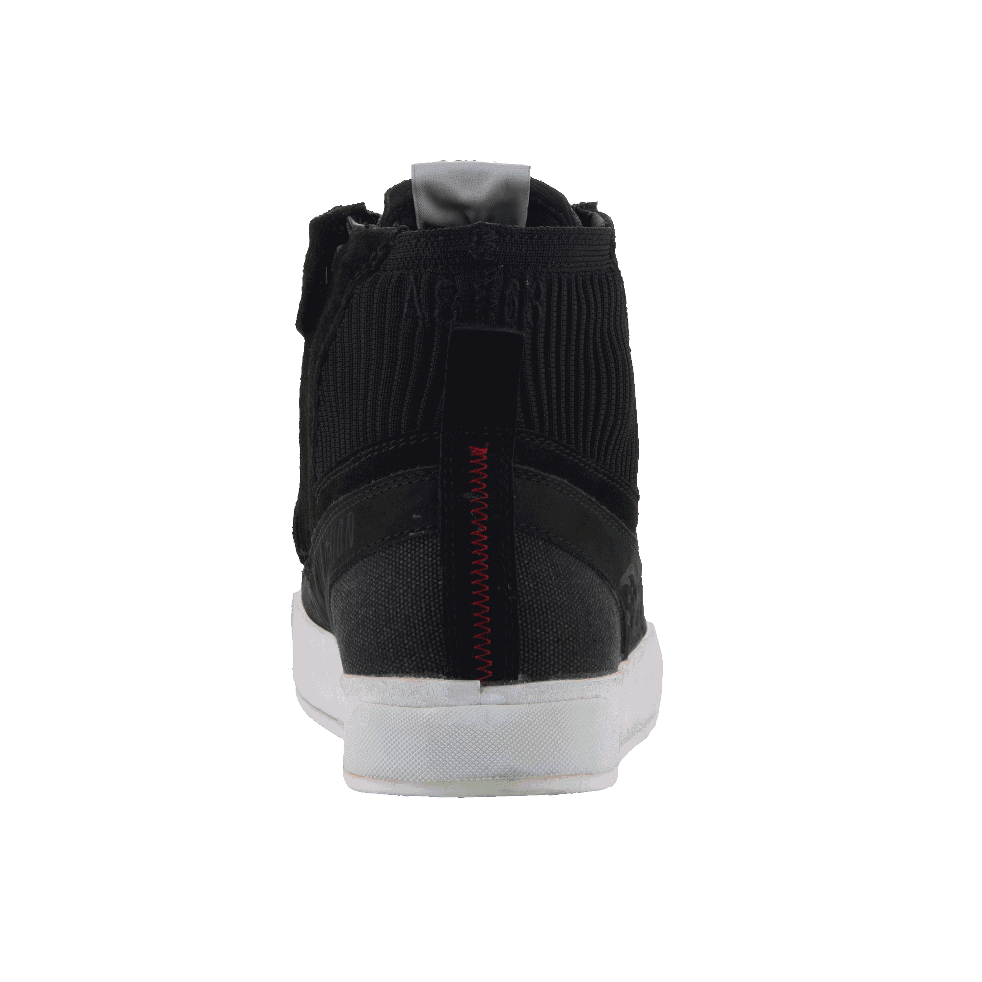Alpinestars Stated Schuhe, Rückansicht, Schwarz mit weißer vulkanisierter Sohle, mit geripptem Strick-Knöchelkragen, roter Zickzack-Fersennaht und grauer Zugschlaufe, Urbane Motorrad-Schuhe