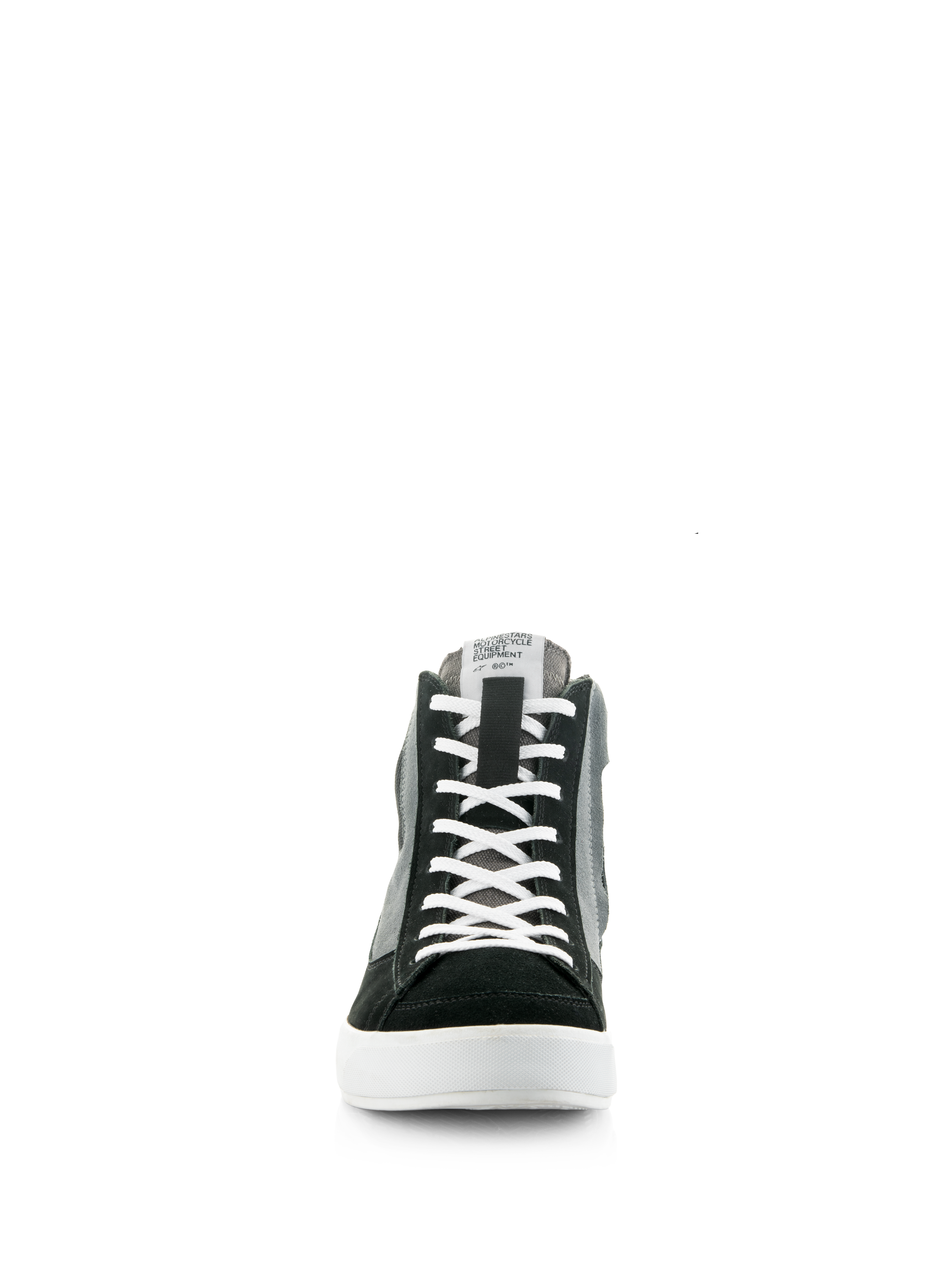 Alpinestars Stated Shoes, Black Gray and White, front-facing view of high-top motorcycle riding sneaker, white laces, black suede toebox, gray canvas panels, white vulcanized sole, urban street style
