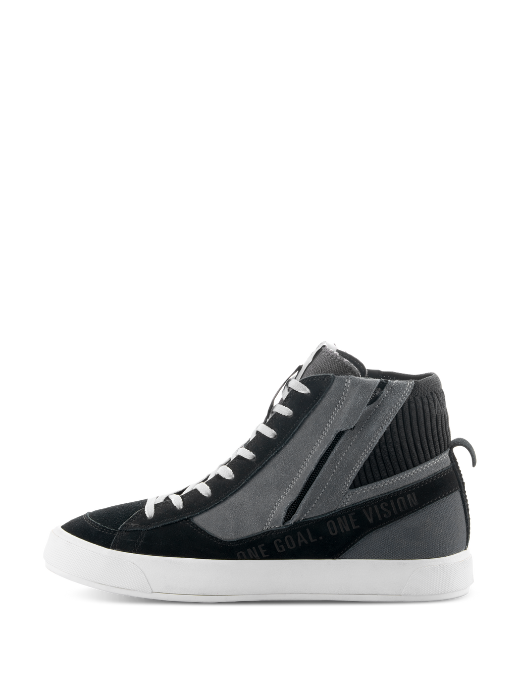 Alpinestars Stated Shoes, Black Gray and White urban motorcycle shoes, side profile featuring high-top sneaker design, lateral zipper, white vulcanized sole, and "ONE GOAL. ONE VISION" text.