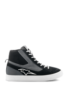 Alpinestars Stated Shoes, high-top motorcycle riding shoes, Black Gray and White, featuring a white star logo, white vulcanized rubber sole, ribbed knitted ankle collar and white laces, urban street style