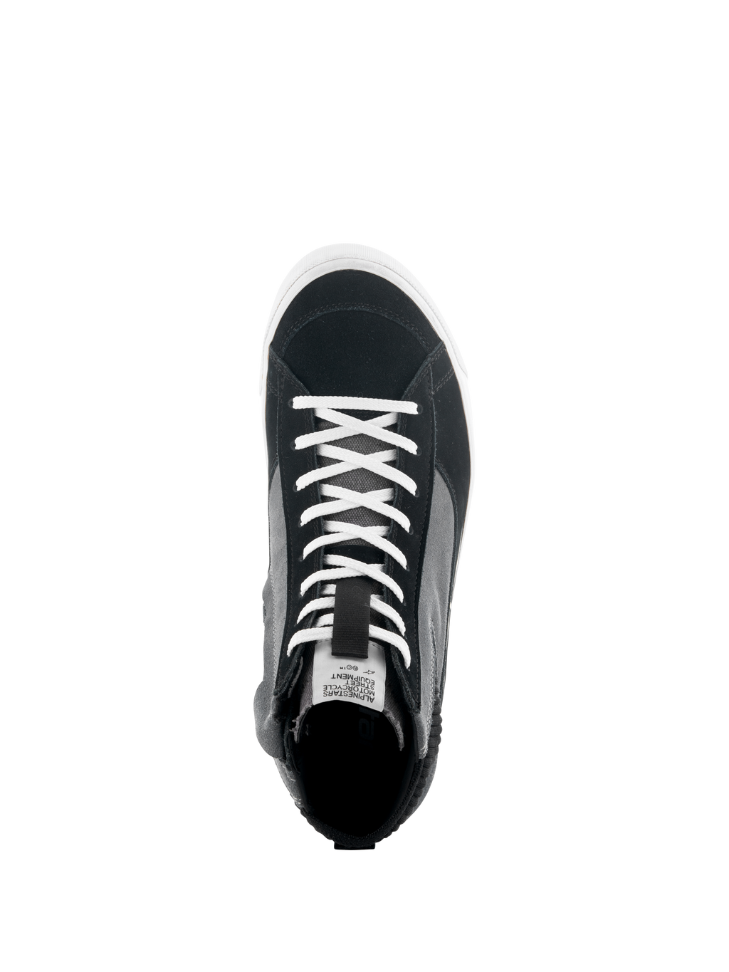 Alpinestars Stated Shoes, Top-down view of Black Gray and White motorcycle sneaker, featuring white laces, split suede and canvas upper, white vulcanized sole, urban riding footwear