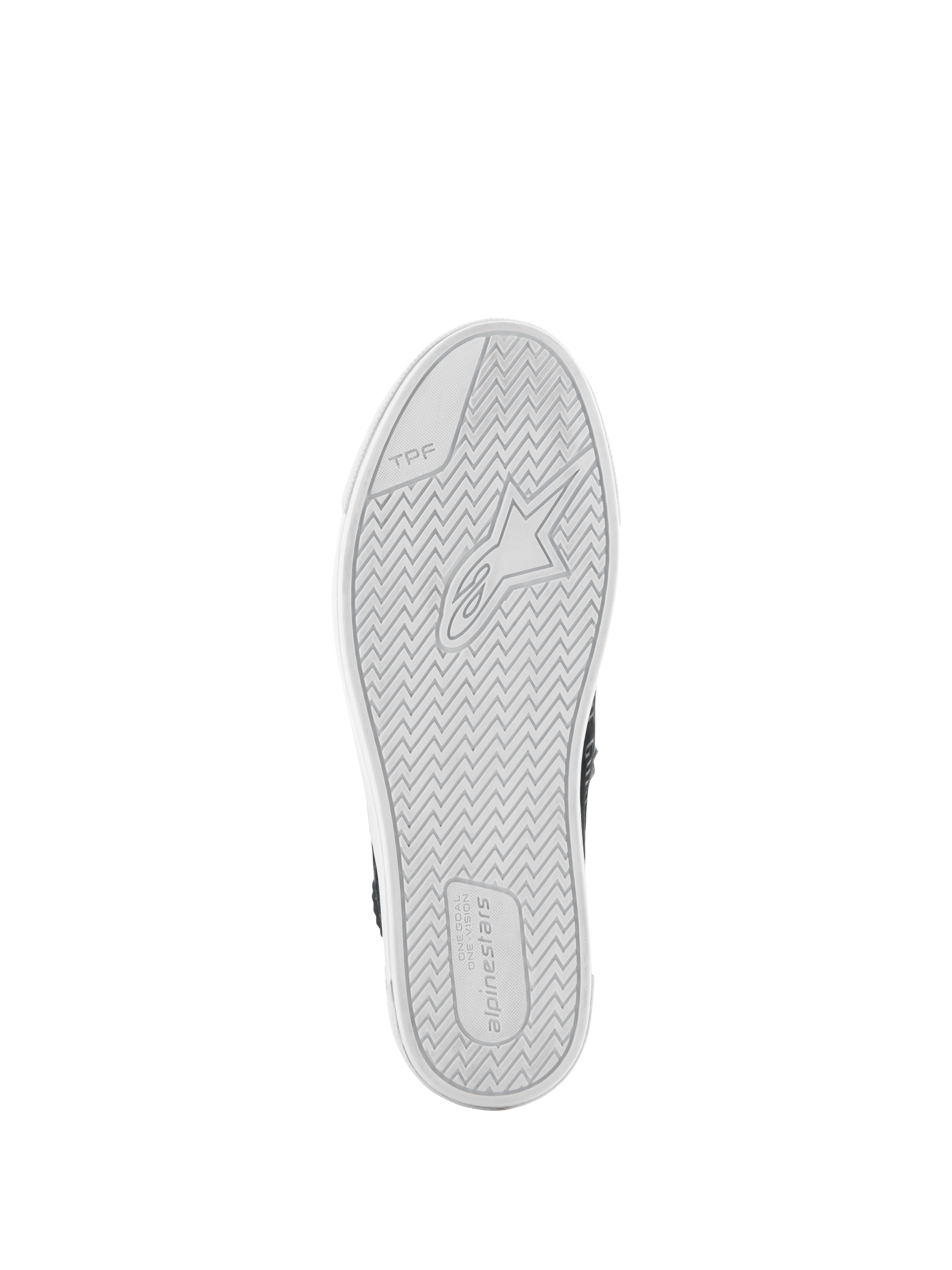 Alpinestars Stated Shoes, Bottom View, White Vulcanized Rubber Outsole, Herringbone Tread Pattern with Alpinestars Logo and TPF Branding, Urban Motorcycle Footwear