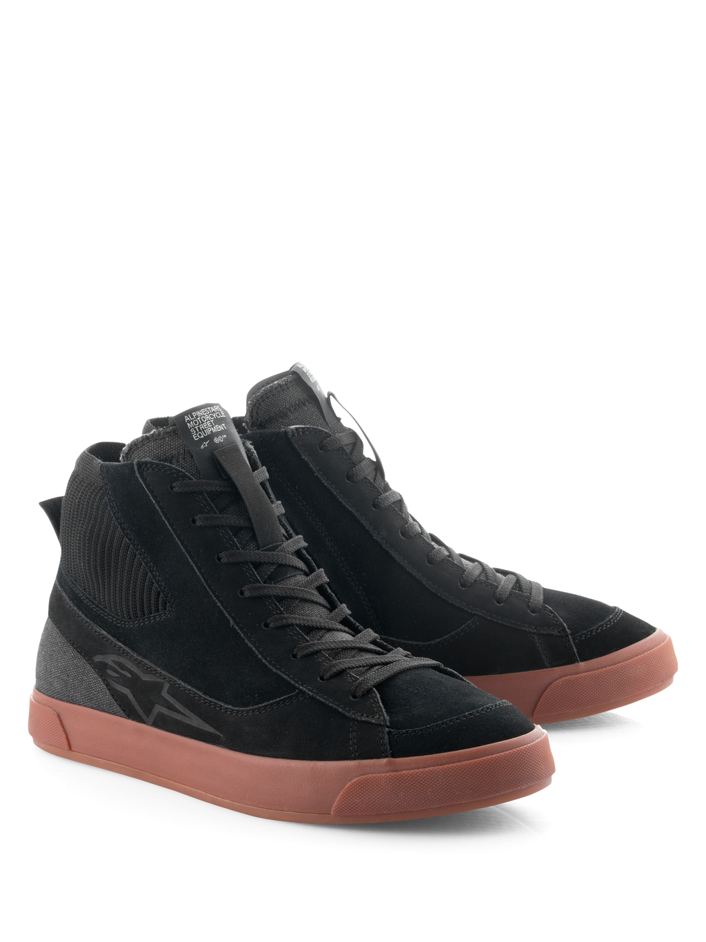 Alpinestars Stated Shoes, Urban Motorcycle Riding Shoes, Black and Gum, high-top silhouette with black suede and canvas upper, brown vulcanized rubber sole, retro skate-inspired design for street and road use