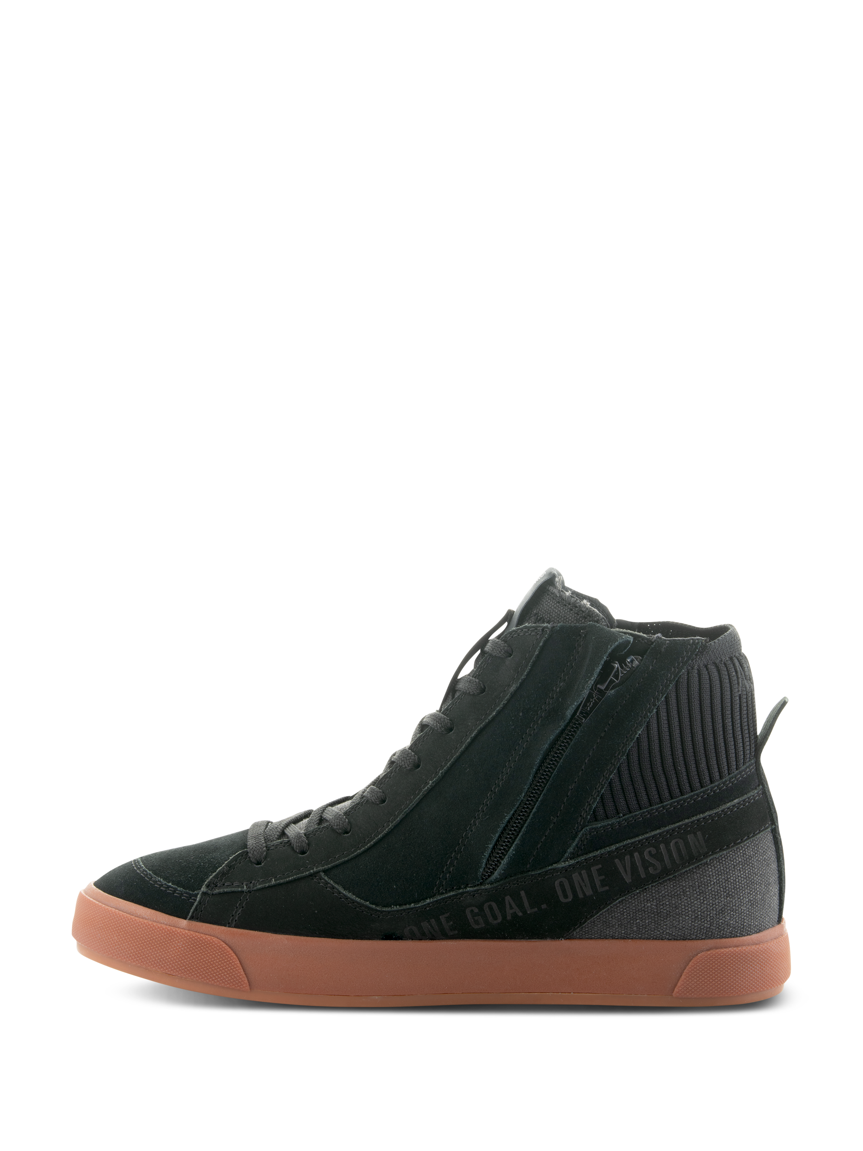Alpinestars Stated Shoes, Urban Motorcycle Riding Shoes, Black and Gum, lateral view showing side zipper, vulcanized rubber sole, and 'ONE GOAL. ONE VISION.' text on the suede and canvas upper