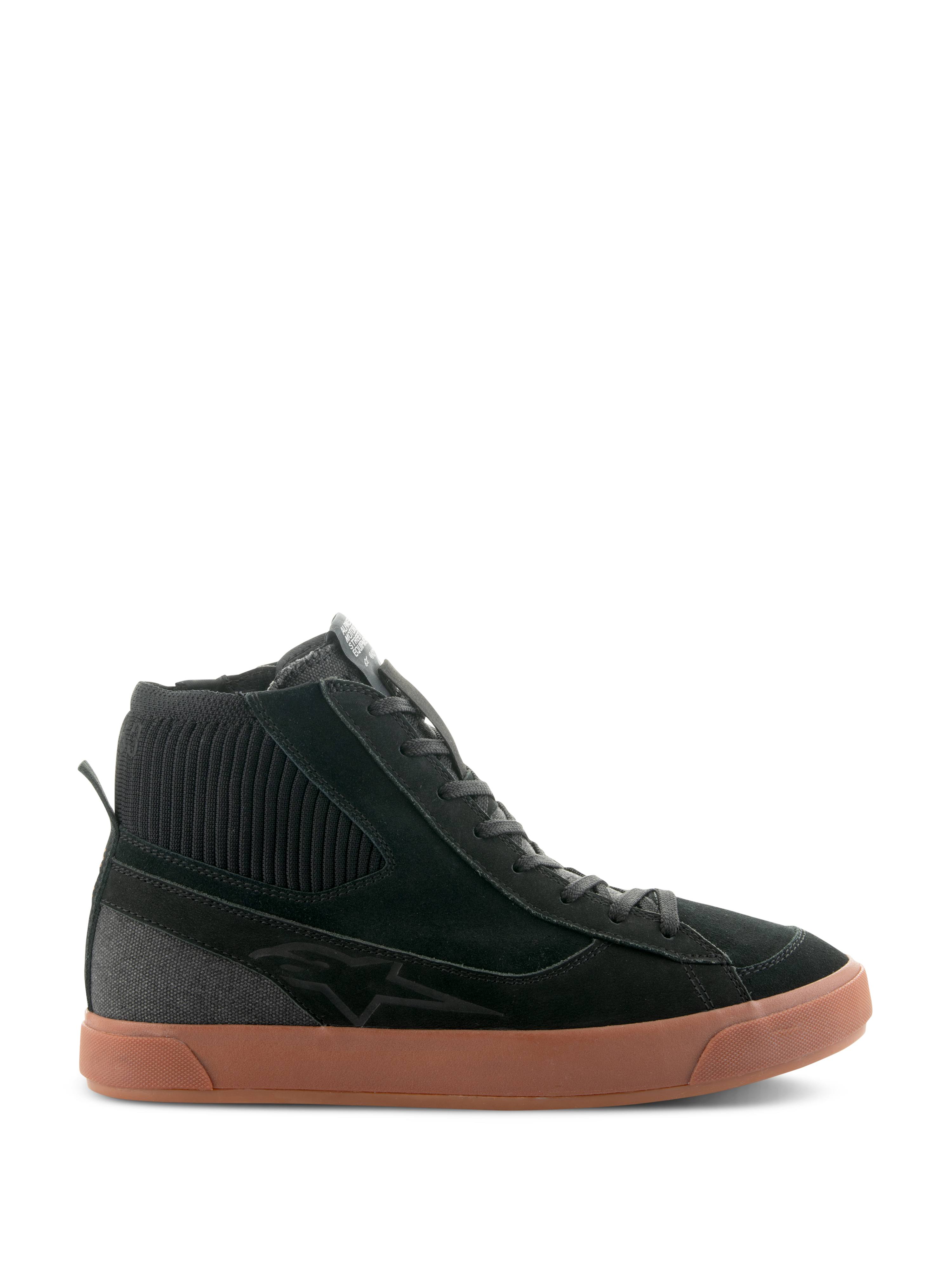 Alpinestars Stated Schuhe, Schwarzer High-Top-Motorradsneaker mit brauner Gummisohle, Obermaterial aus Wildleder und Canvas, gerippter Strickkragen am Knöchel, Retro-Skate-inspiriertes Streetwear-Design