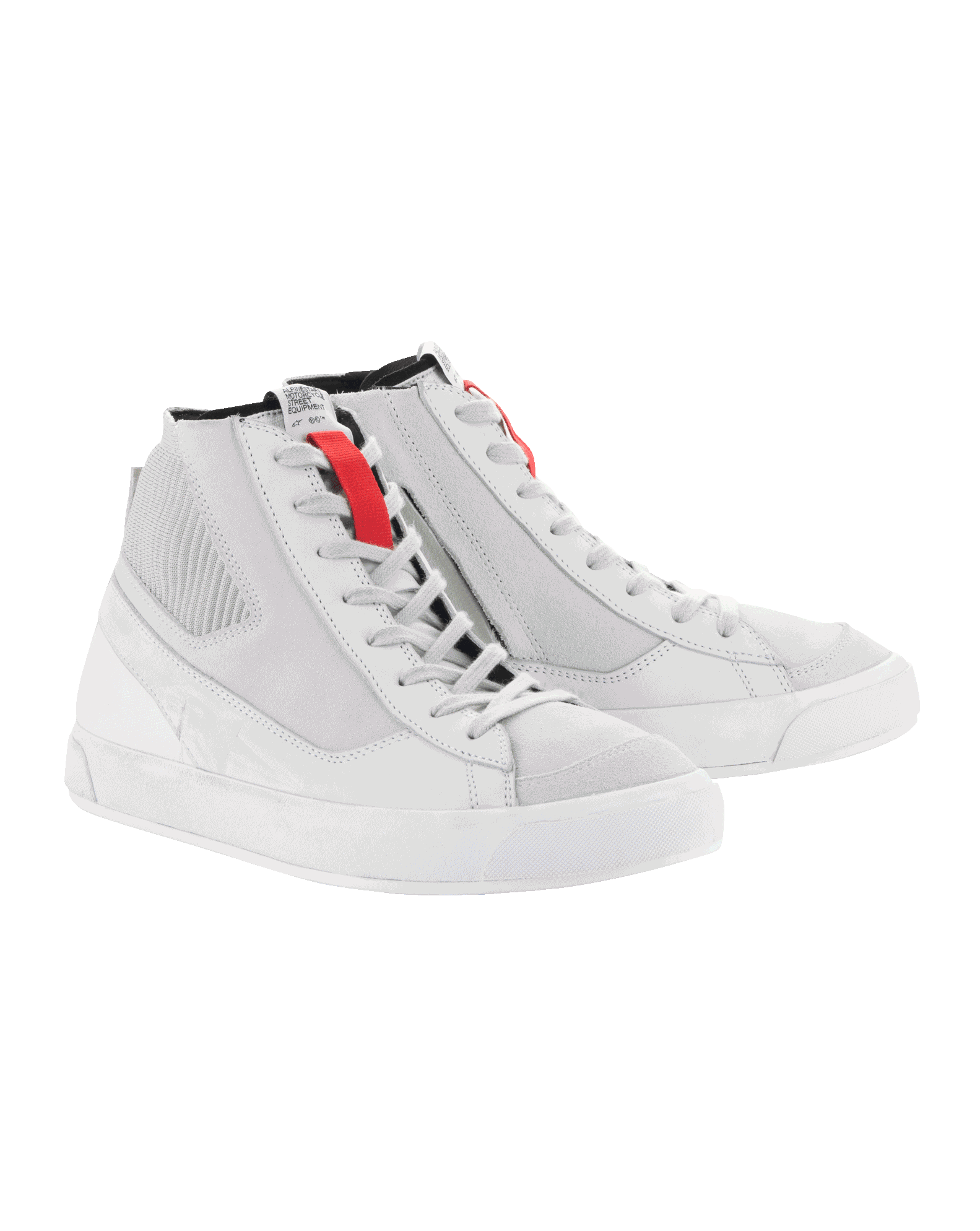 Alpinestars Stated Schuhe, Motorradschuhe, Weiß Cool Gray, High-Top-Sneaker im Retro-Stil mit vulkanisierten Gummisohlen, roten Akzenten an den Schnürschlaufen und strapazierfähiger Konstruktion aus Nubuk und Canvas.