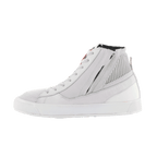 Alpinestars Stated Schuhe, Urban-Motorradschuhe, White Cool Gray, High-Top-Street-Sneaker-Stil, Konstruktion aus Nubuk und Wildleder, seitlicher Reißverschluss, weiße vulkanisierte Sohle, gerippter Knöchelkragen