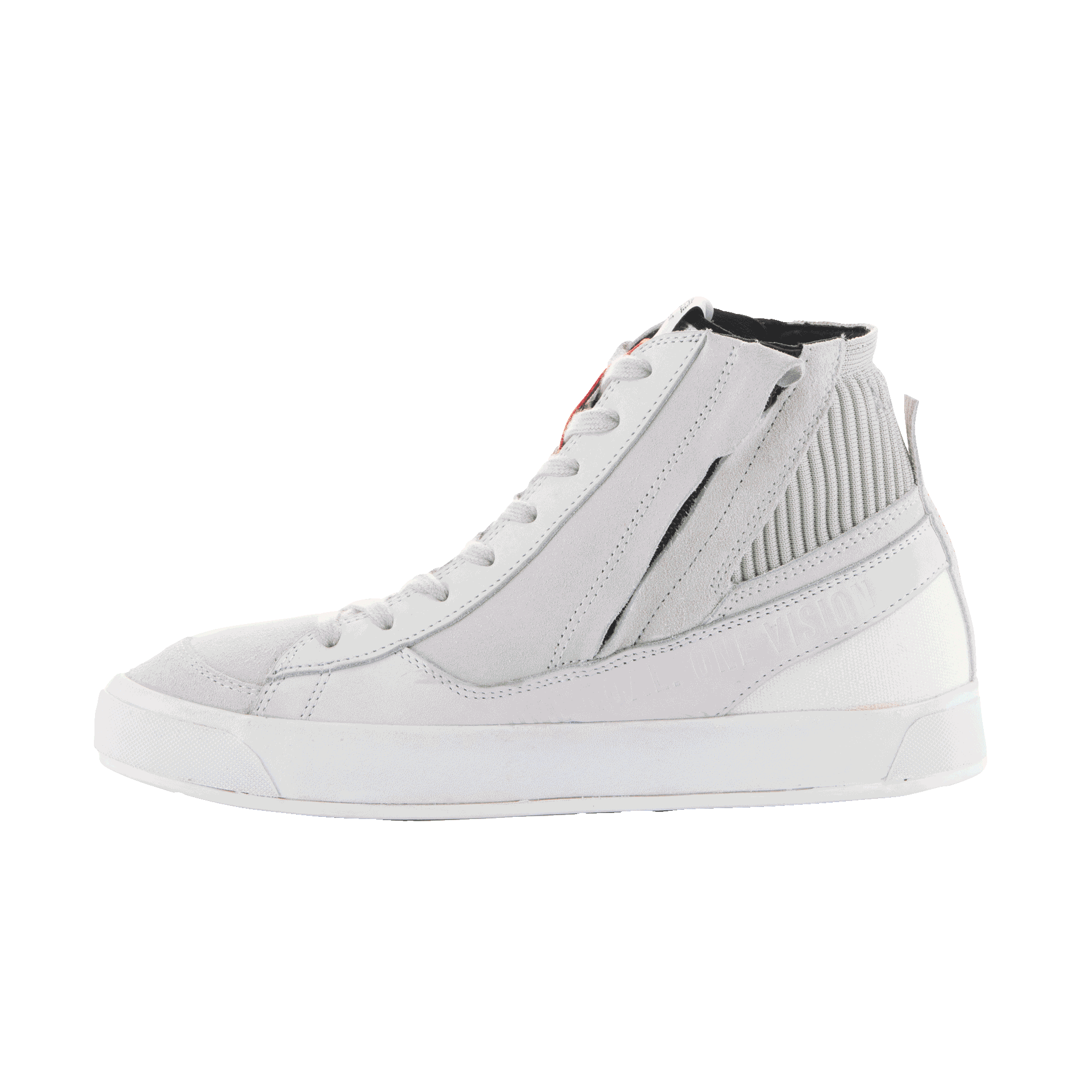 Alpinestars Stated Schuhe, Urban-Motorradschuhe, White Cool Gray, High-Top-Street-Sneaker-Stil, Konstruktion aus Nubuk und Wildleder, seitlicher Reißverschluss, weiße vulkanisierte Sohle, gerippter Knöchelkragen