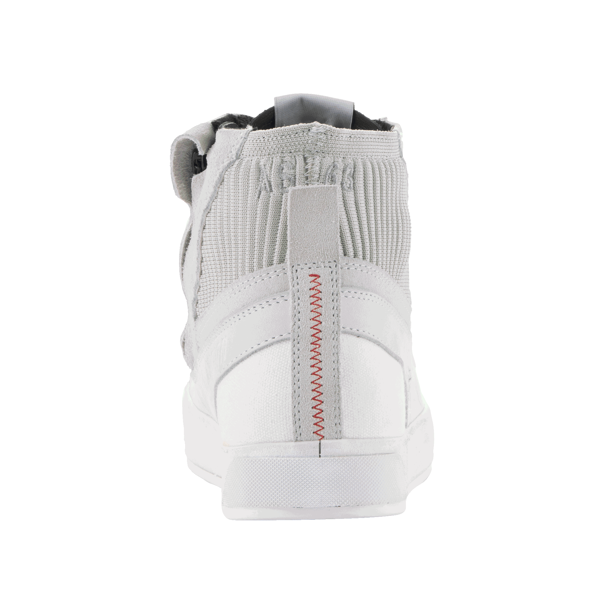 Alpinestars Stated Schuhe, Motorradschuhe, Weiß Cool Gray, Rückansicht mit roter Zickzack-Fersennaht, gestricktem Mesh-Knöchelkragen und weißer vulkanisierter Sohle, urbanes Sneaker-Design