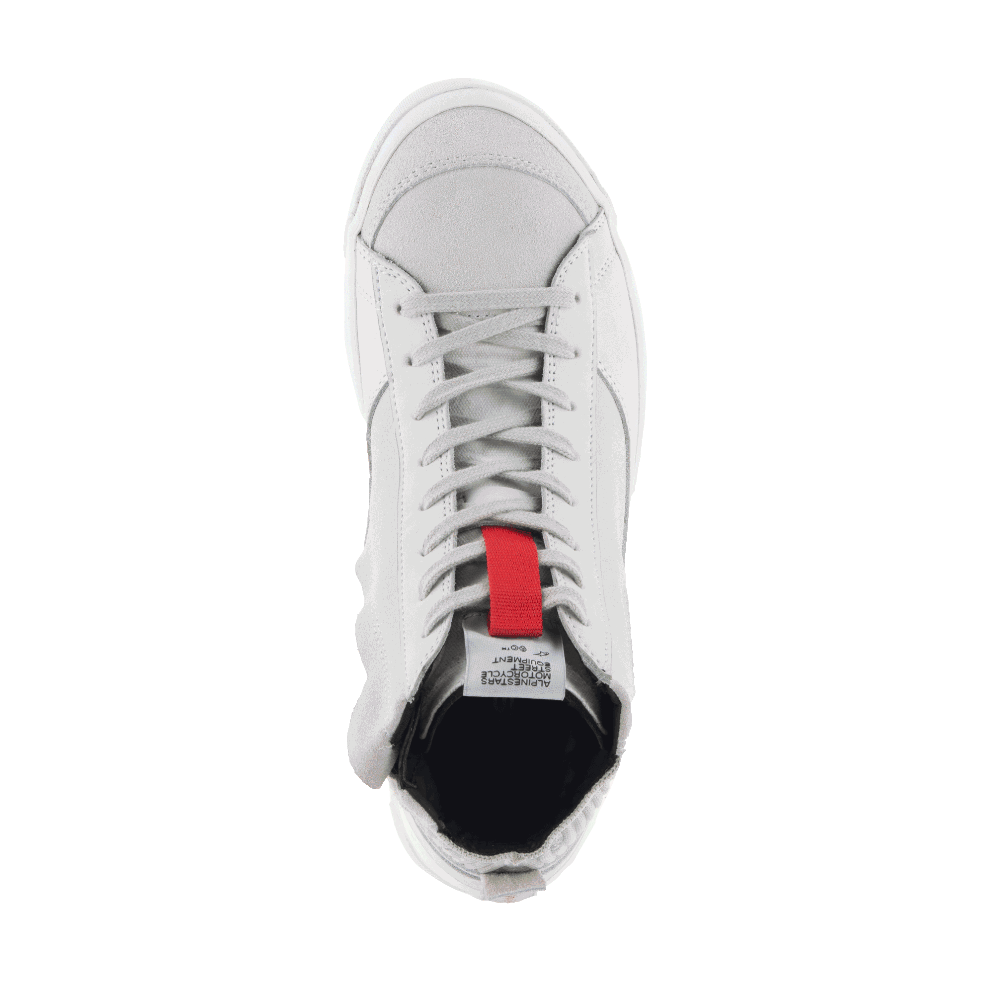 Alpinestars Stated Schuhe, Urban Riding Schuhe, White Cool Gray, Draufsicht mit Wildleder-Zehenbox und klassischem Schnürverschluss, roter Akzent an der Zunge, von Retro-Skateschuhen inspiriertes Motorrad-Sneaker-Design