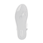 Alpinestars Stated Schuhe, urbane Motorradschuhe, White Cool Gray, Unteransicht der vulkanisierten Gummisohle, mit Fischgräten-Traktionsmuster, Alpinestars-Branding und TPF (Transversal Protection Frame) Logo für Grip und Sicherheit