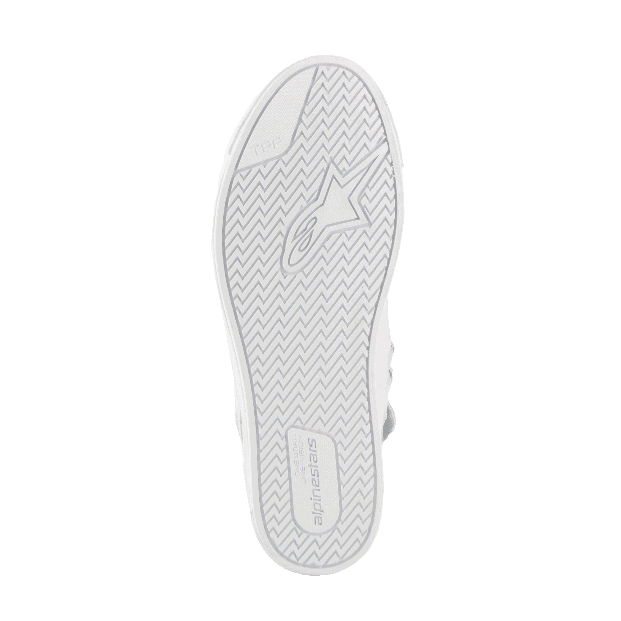 Alpinestars Stated Schuhe, urbane Motorradschuhe, White Cool Gray, Unteransicht der vulkanisierten Gummisohle, mit Fischgräten-Traktionsmuster, Alpinestars-Branding und TPF (Transversal Protection Frame) Logo für Grip und Sicherheit
