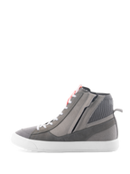 Alpinestars Stated Shoes, urban motorcycle riding shoes in Light Gray Red Fluo White, high-top retro sneaker design with gray suede and canvas upper, lateral zipper, and white vulcanized sole