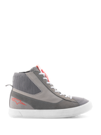 Alpinestars Stated Shoes, High-top motorcycle riding shoes, Light Gray and Red Fluo, featuring a ribbed knitted ankle collar, white vulcanized sole, red star logo on the heel, and split suede toebox, modern urban streetwear design