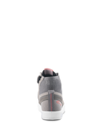 Alpinestars Stated Shoes, Urban Riding Shoes, Light Gray Red Fluo White, rear view showing ribbed knit ankle collar with 'AS 63' branding, white vulcanized sole, and red heel logo with stitched detail