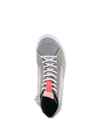 Alpinestars Stated Shoes, Light Gray motorcycle riding sneakers, top-down view featuring white laces and a bright red fluo pull tab, urban street style with suede and nubuck materials, white vulcanized sole edge