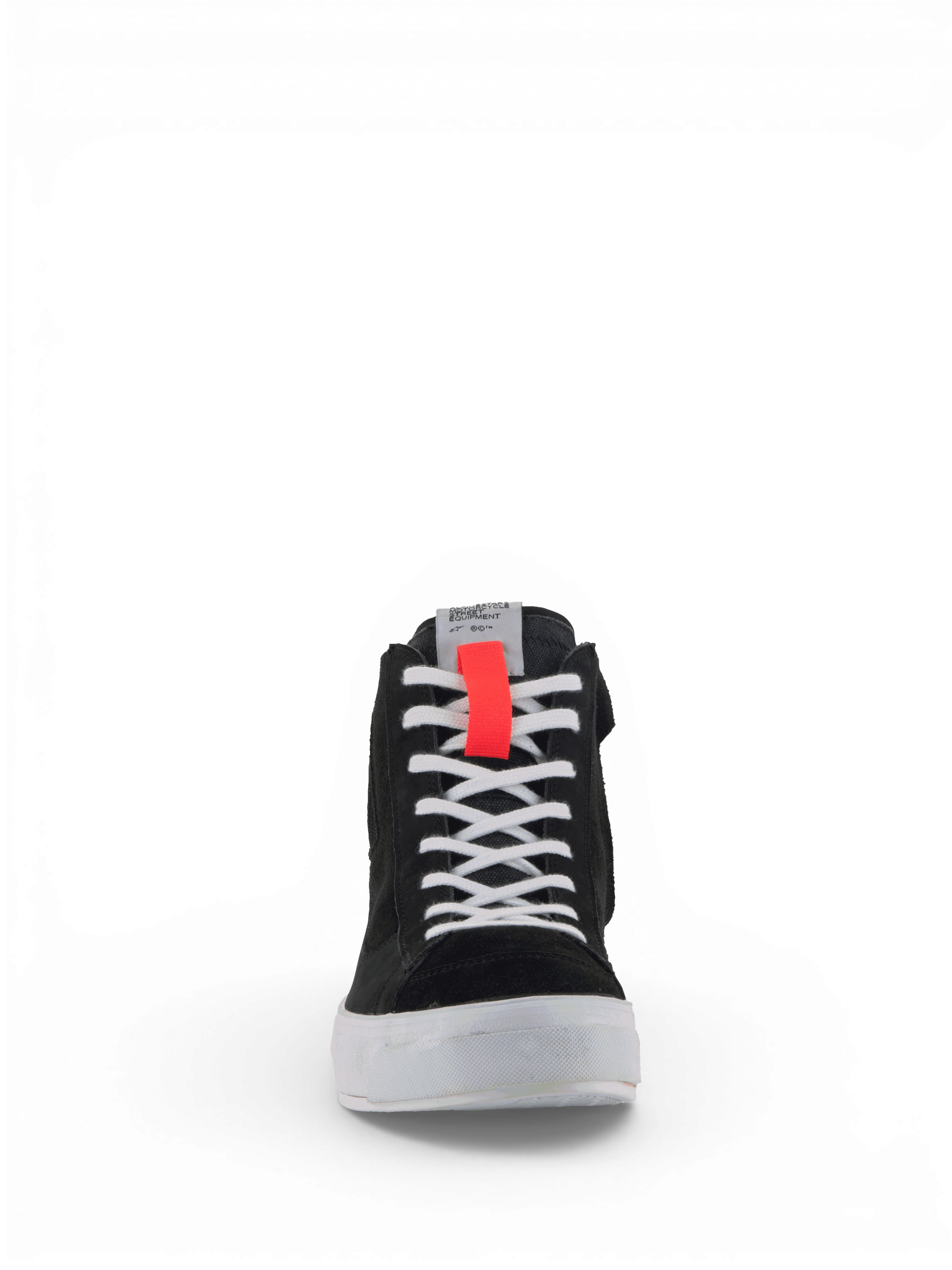 Alpinestars Stella Stated Podium Schuhe, urbaner Damen-Motorradschuh, Frontansicht, Schwarz und Weiß mit rotem Akzent.