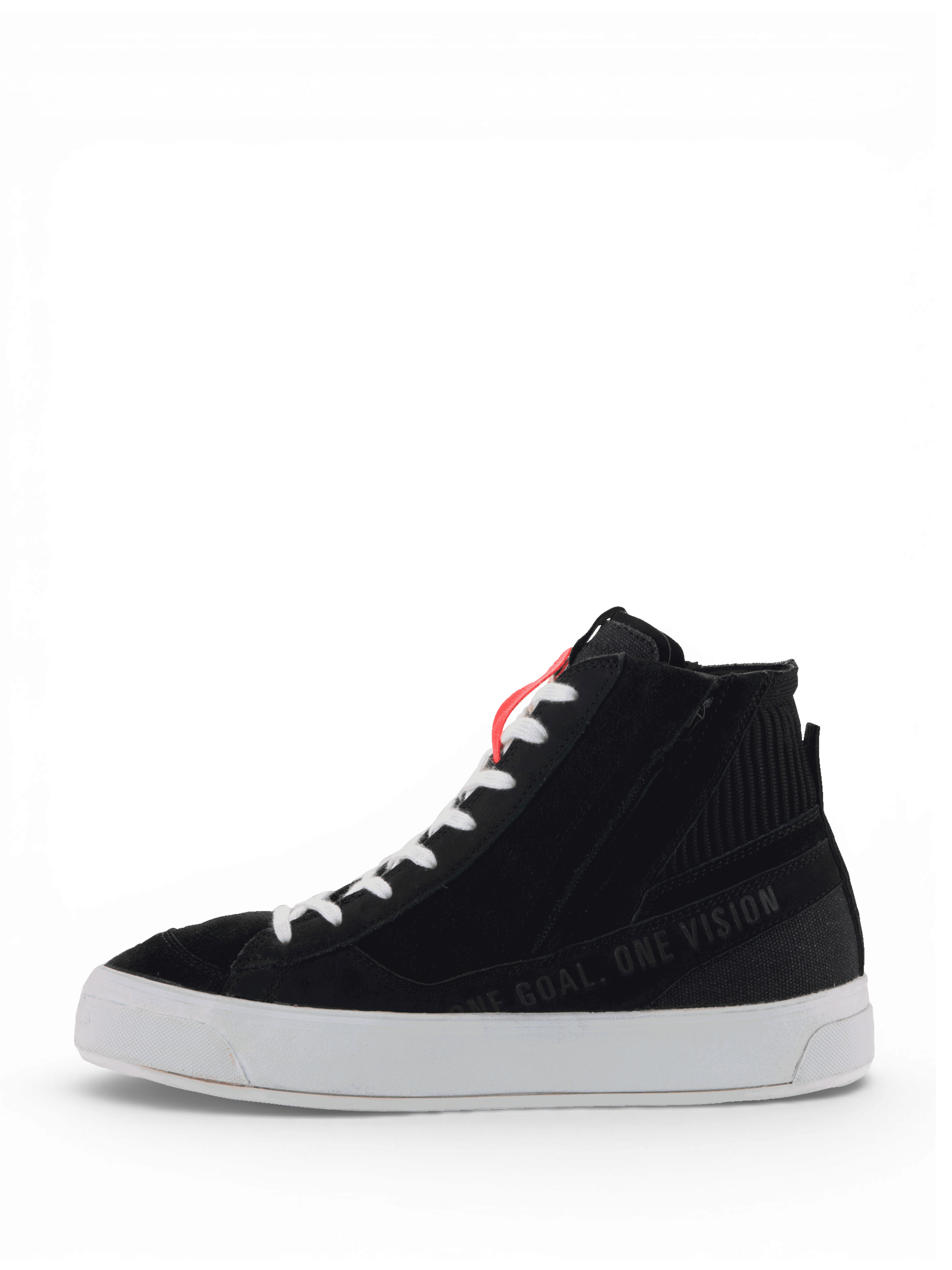 Alpinestars Stella Stated Podium Schuhe, urbane Motorradschuhe für Damen, Schwarz und Weiß, aus Leder und Canvas, weiße vulkanisierte Gummisohle, Skate-Stil mit One Goal One Vision Schriftzug.