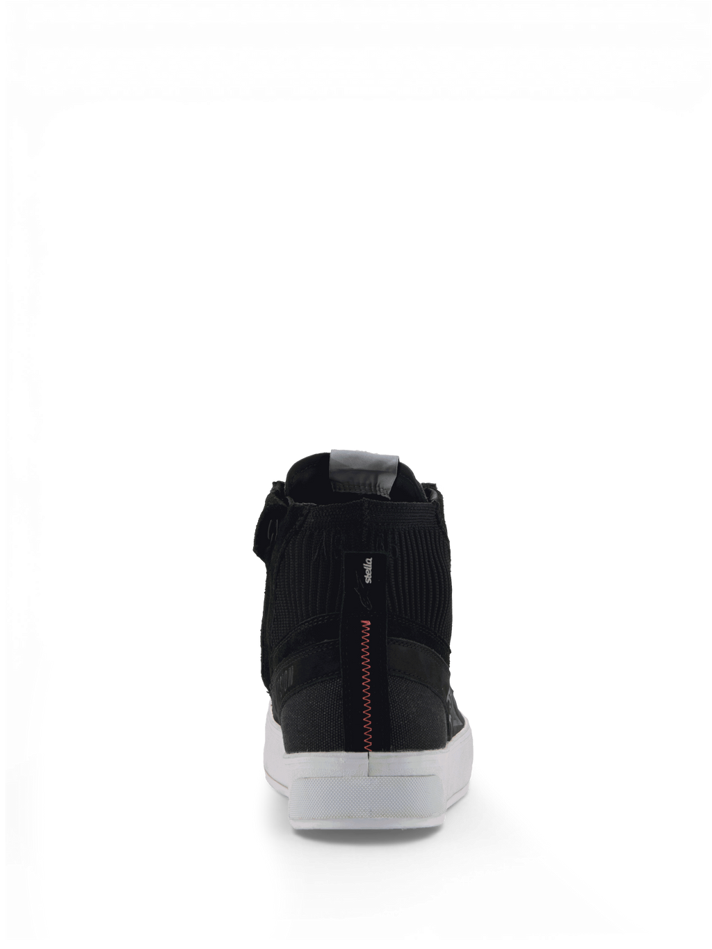 Alpinestars Stella Stated Podium Schuhe, urbane Damen-Motorradschuhe, Schwarz und Weiß mit roter Fersennaht, vulkanisierte Sohle.