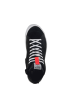 Alpinestars Stella Stated Podium Damen-Motorradschuhe, Schwarz und Weiß, Draufsicht der Canvas- und Velourslederkonstruktion.