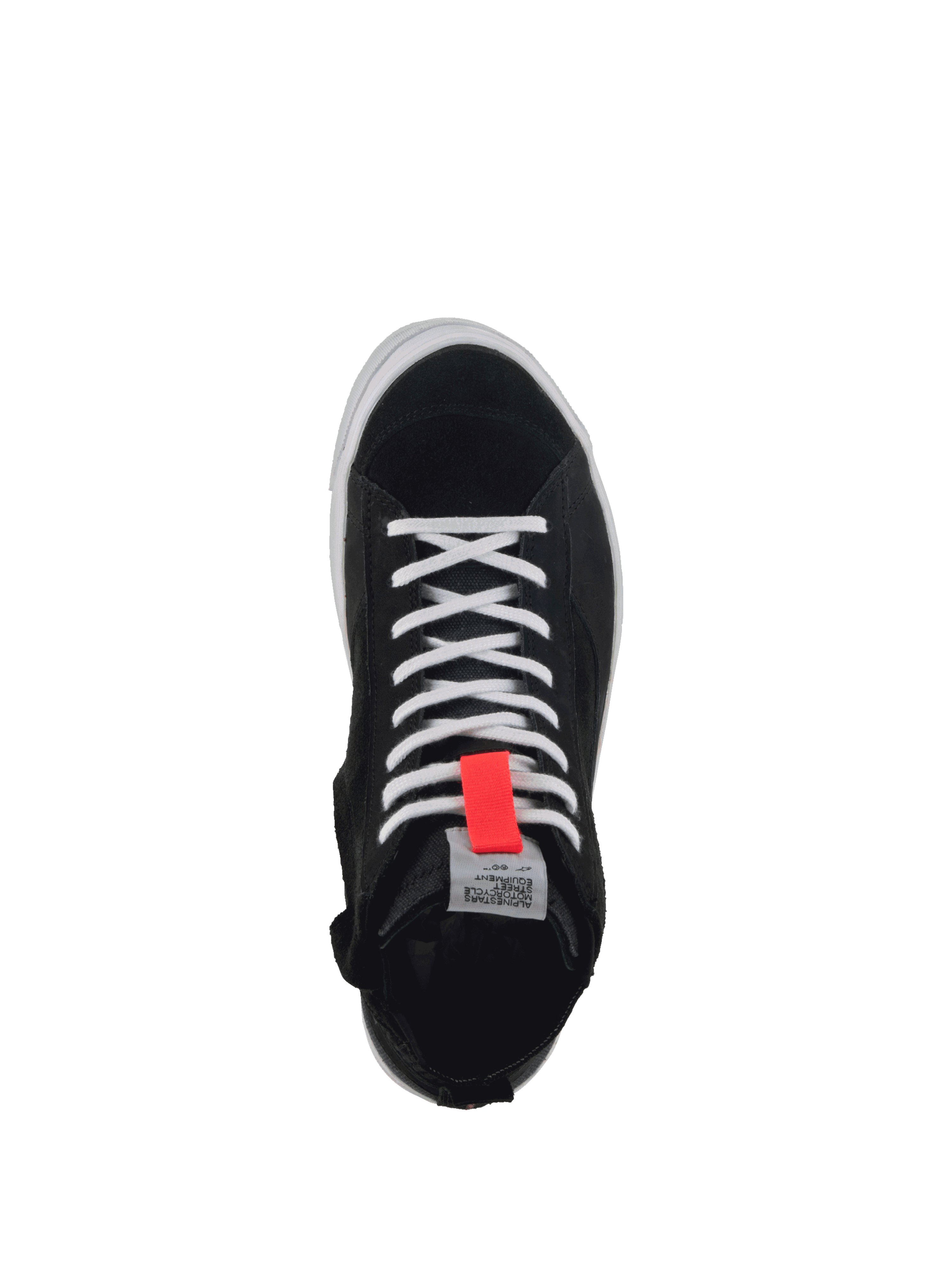 Alpinestars Stella Stated Podium Damen-Motorradschuhe, Schwarz und Weiß, Draufsicht der Canvas- und Velourslederkonstruktion.